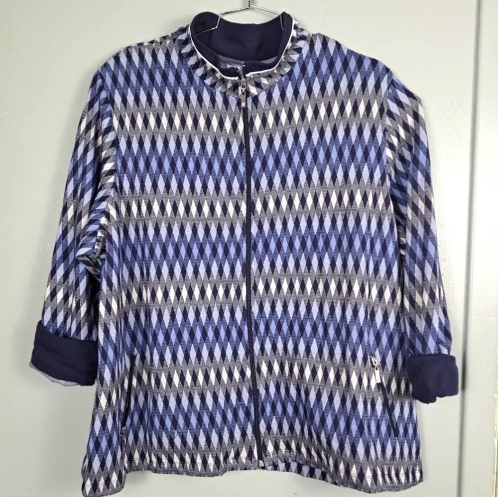 Alia Zip Front Knit Jacket 3X Blue White Toggles Pockets Vintage